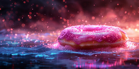A pink donut resting on top of a puddle of water banner - obrazy, fototapety, plakaty