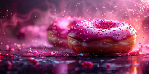 Two sweet donuts topped with pink icing and colorful sprinkles banner - obrazy, fototapety, plakaty