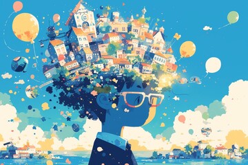 An imaginative scene of the Earth with floating balloons and buildings, set against an open sky background. 
