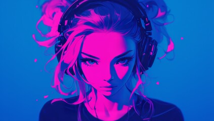 Beautiful girl with headphones, minimalistic anime style