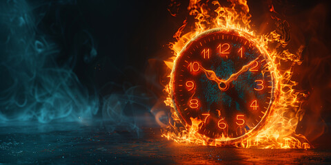 A clock engulfed in flames in a dimly lit room, time in fire banner