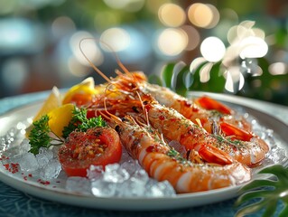 A plate of shrimp and tomatoes with a lemon wedge on the side. The plate is set on a table with a green leafy plant in the background