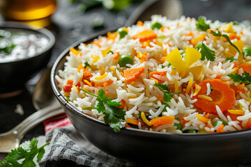 Tricolor rice pilaf in Indian National flag color / Independence and republic day food concept - obrazy, fototapety, plakaty