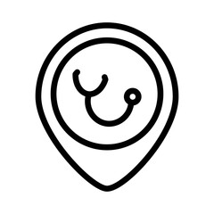 Clinic location, placeholder, map marker vector icon on white background.