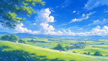 Blue sky, white clouds and green grassland in the background, with scattered leaves falling from the trees on both sides of the screen. 