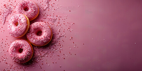 Three pink icing donuts with sprinkles displayed on a pink background copy space