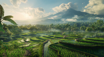 Indonesian Rice Terraces: Mountainside Agriculture and Rural Landscape - obrazy, fototapety, plakaty