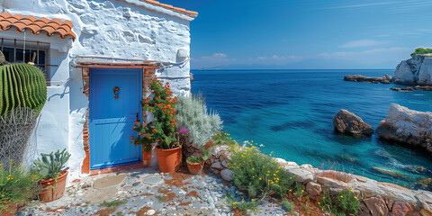 A house with a blue door perched on a cliff with a view of the ocean mockup summer time - Powered by Adobe