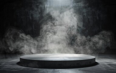 Gray textured concrete platform podium or table with smoke in the dark