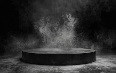 Gray textured concrete platform podium or table with smoke in the dark