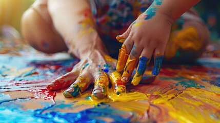 Father and son painting on a canvas, hands covered in vibrant paints highlighting creativity and connection. fathers day concept