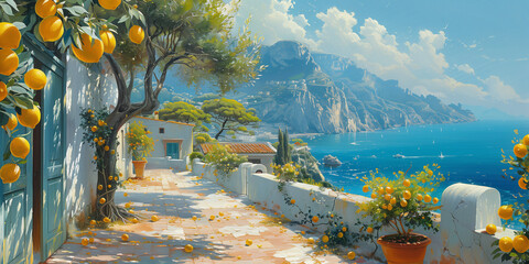 A vibrant painting depicting an orange tree situated on the side of a road banner