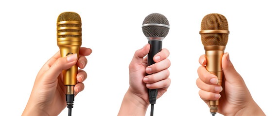 Set of microphones in hand isolated on white or transparent background. Close-up of a golden and...
