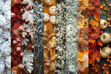Make a collage of elements from each season, arranging them in a way that represents the unique characteristics of each season - obrazy, fototapety, plakaty