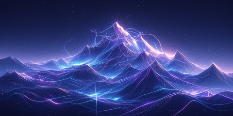 Abstract mountain range made of neon lines, glowing with blue and purple hues against a black background. Digital illustration of an abstract mountain landscape with vibrant colors  - obrazy, fototapety, plakaty