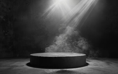 Gray textured concrete platform podium or table with smoke in the dark