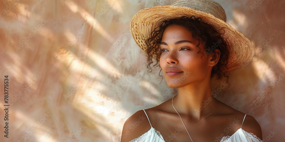 Wall mural A woman wearing a straw hat poses for a photograph banner