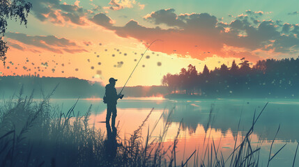 A man is fishing in a lake with a beautiful sunset in the background. The scene is peaceful and serene, with the man enjoying the tranquility of the moment