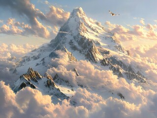 A mountain with a bird flying over it. The sky is cloudy and the mountain is covered in snow