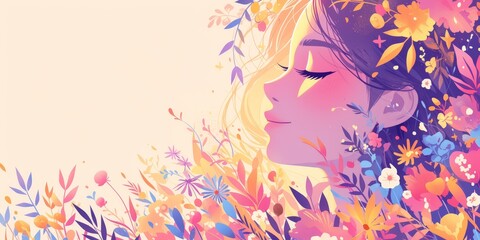 An elegant and colorful paper cutout background for International Women's Day with flowers, leaves, and pastel pink, purple, and orange colors. It includes a female profile portrait