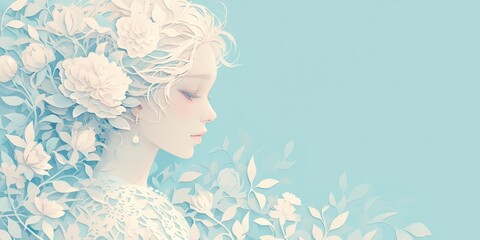 An elegant and delicate paper cut art background for International Women's Day with copy space, featuring pink flowers in the hair of a beautiful woman in the style of blue color theme, pastel colors