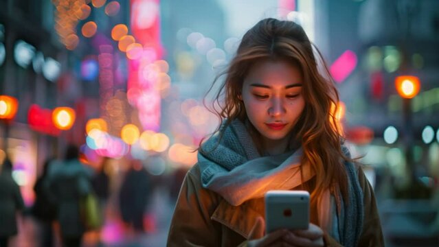 A young woman engages with her smartphone on a bustling city street as dusk sets in. The glow of her screen illuminates her face, highlighting her connection to the digital world amidst the urban even
