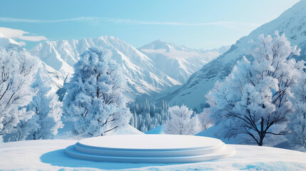 Fototapeta premium Ice podium in the middle of winter landscape with snowy mountains and trees, round stage for product presentation, abstract background, panoramic view