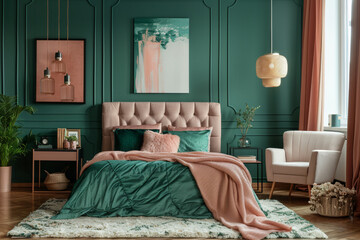 Produce an image of an avant-garde lamp installation in a chic bedroom with emerald green walls juxtaposed with blush pink furnishings