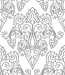 Black and white floral pattern. Vector damask seamless background.  Medieval ornament with stylized flowers. Contour template for wallpaper, textile, carpet.