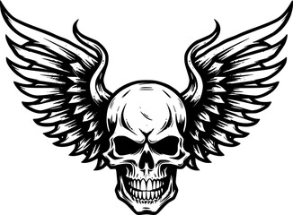 Obraz premium Skull With Wings | Black and White Vector illustration