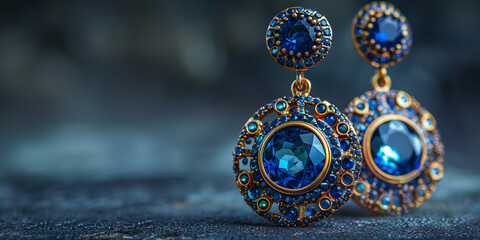 A pair of elegant blue and gold earrings on a blue background