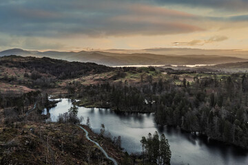 Beautiful, aerial drone landscape image of Lake District during Spring vibrant sunset - 783776137