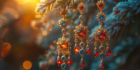 Multiple earrings hanging decoratively from a Christmas tree branch banner