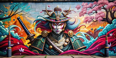 colorful graffiti on the street art on the wall Japanese samurai warriors and culture