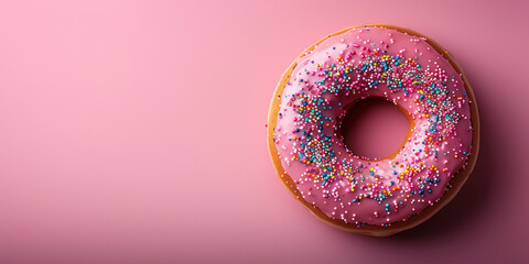 A pink donut with colorful sprinkles placed on a pink surface banner