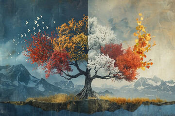 Show the transformation of a single element, like a tree or flower, through the four seasons,...