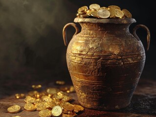 Ancient vase overflowing with gold coins