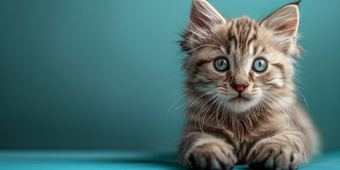 A kitten with striking blue eyes sits on a matching blue surface copy space banner - Powered by Adobe