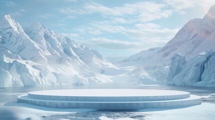 Round podium scene with an ice lake and snowy mountain background for product display, presentation, or as a backdrop