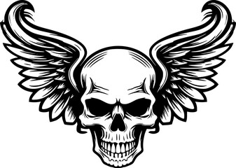 Skull With Wings | Black and White Vector illustration