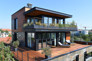 A modern house featuring a deck and balcony, showcasing contemporary design elements mockup