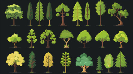 A collection of trees in various sizes and colors. The trees are arranged in a row, with some taller and some shorter. Scene is peaceful and serene, as the trees are depicted in a natural setting