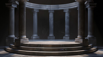 Fototapeta premium A large circular podium with an ancient Roman style, surrounded by stone pillars and arches for a product presentation mock up. The background is dark and the light shines on it from above