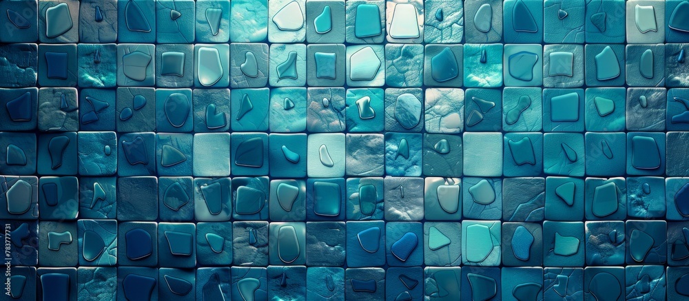 Sticker Close-up view of a vibrant blue tiled wall featuring a multitude of small tiles creating a textured surface