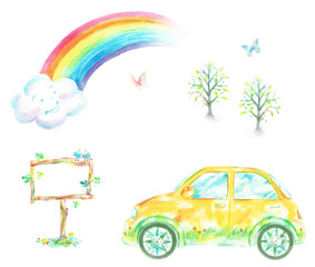 黄色い車　虹　手描き