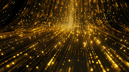 Abstract golden digital background with light stripes and glow lines on black. Big data visualization of binary code in the style of abstract futuristic wallpaper. Black gold background