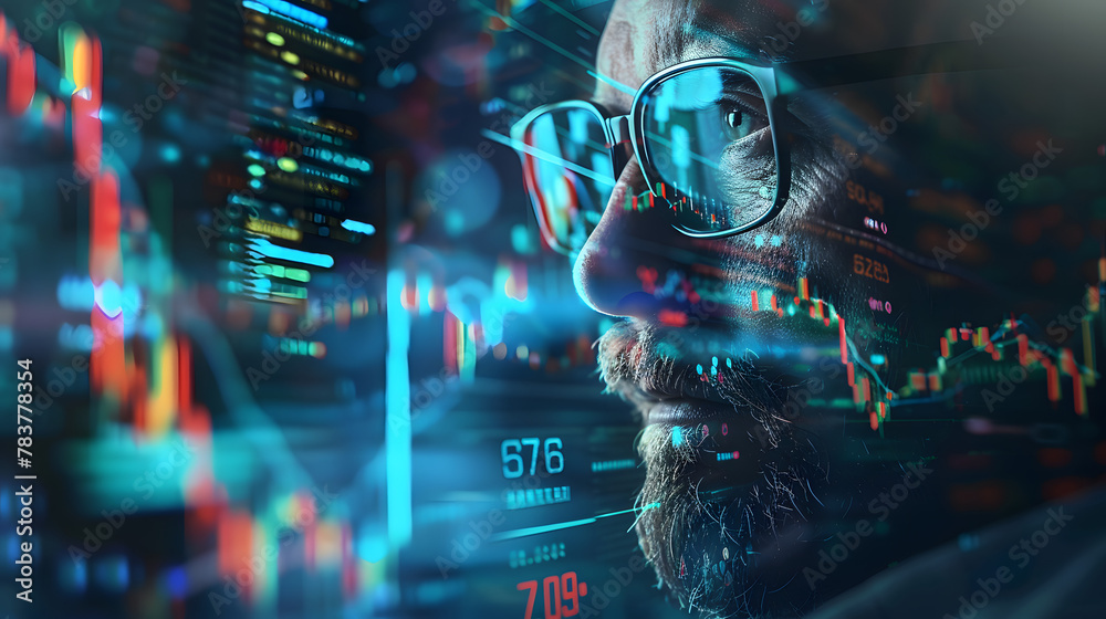 Poster An abstract network of digital numbers and forex symbols reflecting on the face of a focused trader, symbolizing market analysis, trader concept, dynamic and dramatic compositions, with copy space