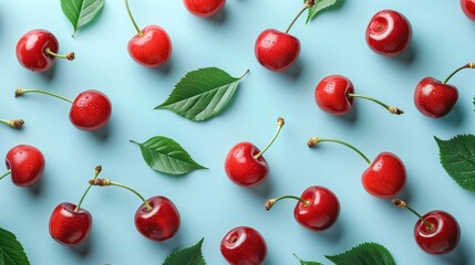 Fresh Cherries and Green Leaves on Blue Background