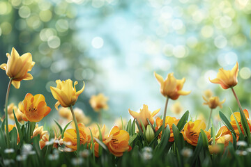 Yellow tulips blooming in a spring field, surrounded by vibrant flowers and lush greenery