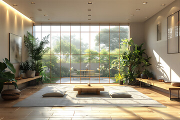 modern living room with large glass windows and green plants, long wood bench and little table 